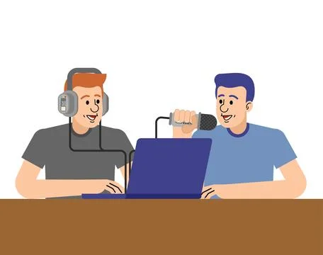 Two men recording a podcast in a studio with a laptop and microphone. Conce.. Illustrazione stock