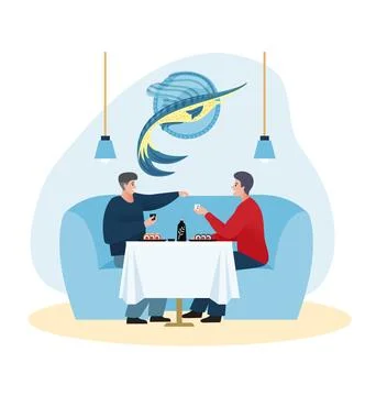 Two men at a restaurant table having sushi, cheers with drinks. Casual dining Stock Illustration