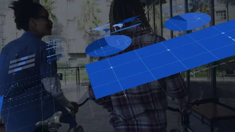 Two men riding bikes along glass wall in business analytics, overlaying data Stock Footage 308676985