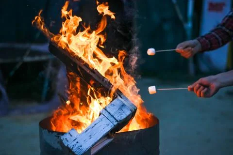 Two men roasting marshmallow over fire Stock Photos