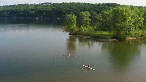 Two Men Rowing Boats on Cayuga Lake, Upstate New York Stock-Footage 140629718