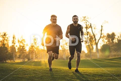 The two men running on the grass against the sunny background Stock Photos