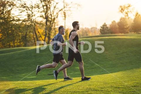 The two men running on the grass in the park Stock Photos