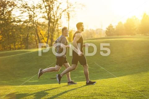 The two men running on the grass in the park on the sunrise background Stock Photos