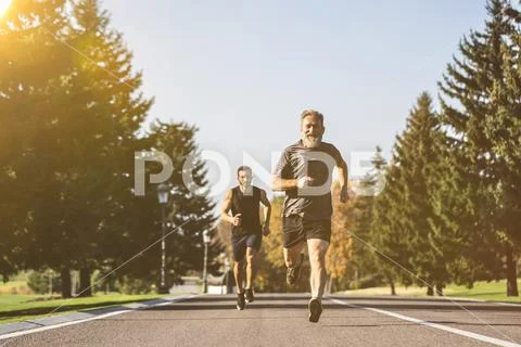 The two men running on the road in the park on the sunny background Stock Photos