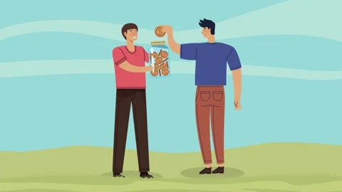 Two men saving coins in glass jar outdoors, financial planning and investme.. 库存影片 339272898