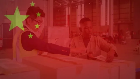 Two men scanning shipping labels on boxes in warehouse, showing floating data 스톡 동영상 309286480