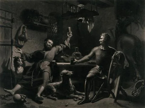Two men seated at a table, drinking: one has his glass raised, and the othe.. Illustrazione stock