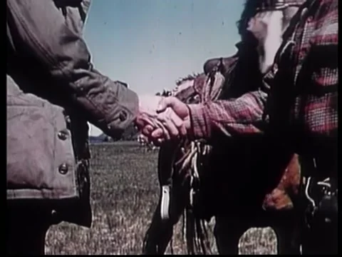 Two men shaking hands in field Stock Footage 260240304