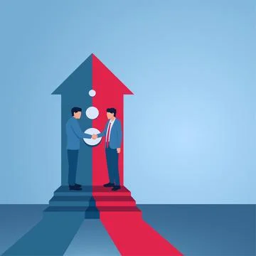 Two men shaking hands in front of two converging arrows, illustration for a.. Illustrazione stock