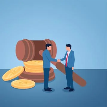 Two men shaking hands in front of legal gavel and pile of coins, illustrati.. Stock Illustration