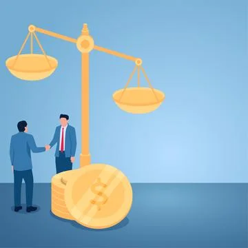Two men shaking hands in front of legal scales and pile of coins, illustrat.. Illustrazione stock