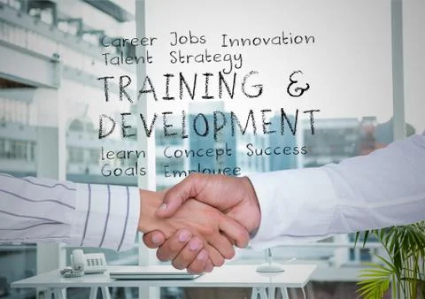 Two men shaking hands in office with plan in text behind them Stock Photos