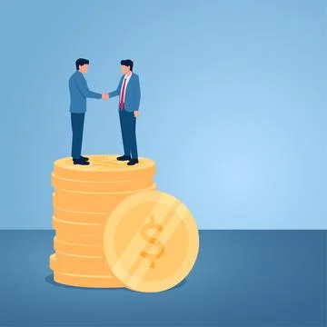 Two men shaking hands over a stack of coins, illustration for acquisition. Stock Illustration