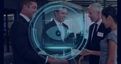 Two men shaking hands, team greeting while cyber security HUD cycling to eye Stock Footage 328384034