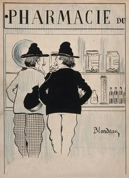 Two men share a joke about leeches in front of a pharmacy window. Coloured .. Stock Illustration