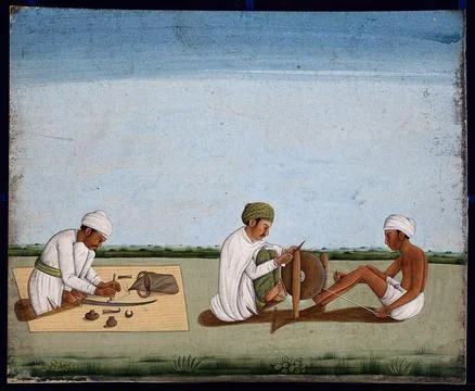 Two men sharpening a knife whilst the third prepares the blade on a sword. .. Stock Illustration