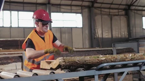 Two men shift pieces of wood after cutting. Stock Footage 62508680