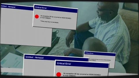 Two men shifting as software Critical Error dialogs appearing, covering papers Stock Footage 333132838