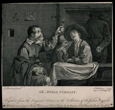 Two men sit drinking and smoking at a tavern table. Engraving by J. William.. Illustrazione stock