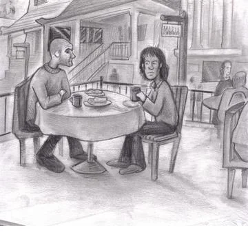 Two Men Sit at Outdoor Restaurant Round Table with Food and Beverages. Stock Illustration
