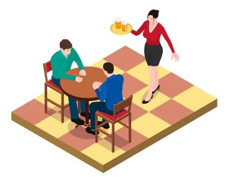 Two men sit at the table and wait for the waitress. Stock Illustration