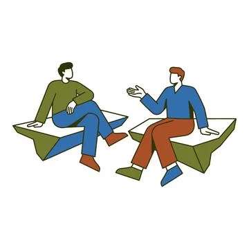 Two Men Sitting and Conversing on Benches Minimalist Illustration Stock Illustration