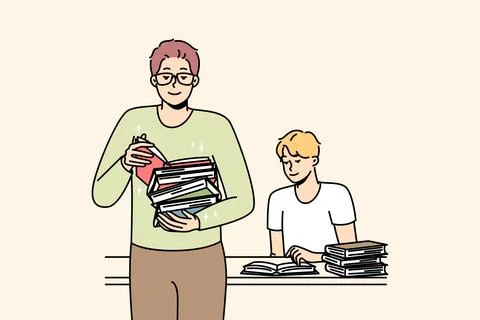 Two men sitting and standing with piles of books in library. 库存插图