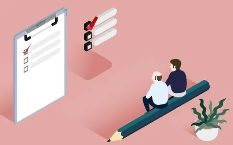 Two men sitting in front of the checklist isometric Illustrazione stock
