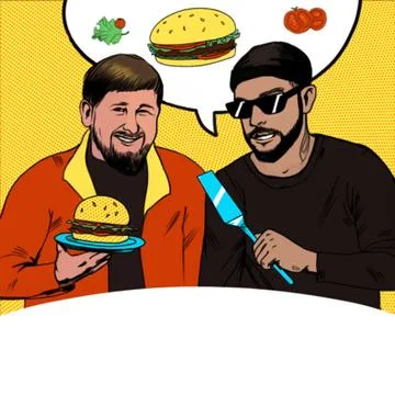 Two men sitting near the table while eating hamburger. Food concept. A Contem Stock Illustration