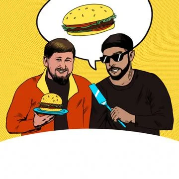 Two men sitting near the table while eating hamburger. Food concept. A Contem Illustrazione stock
