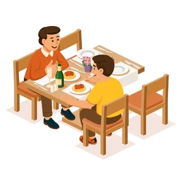 Two men sitting at a restaurant table, enjoying a pasta meal and having a c.. Stock Illustration