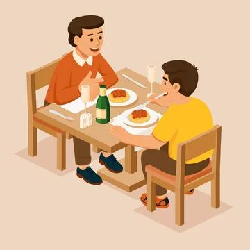 Two men sitting at a restaurant table, enjoying a pasta meal and having a c.. Ilustração Stock