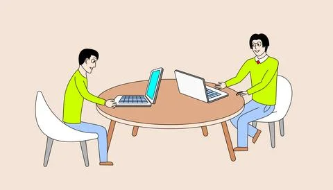 Two men sitting at a round table with laptops in front of them Stock Illustration