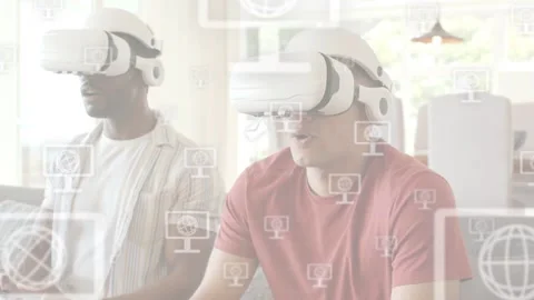 Two men sitting on sofa operating controllers and activating HUD screen and Stock Footage 333803374