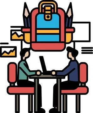 Two men sitting at a table with a backpack on the table 스톡 일러스트