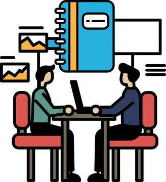 Two men sitting at a table with a blue book in front of them Stock Illustration
