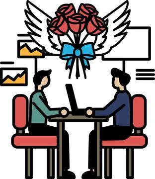 Two men sitting at a table with a bouquet of roses in the background 스톡 일러스트