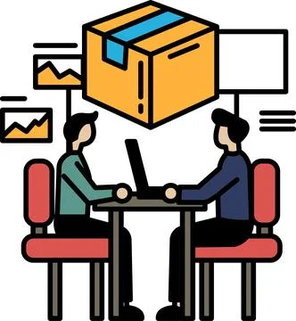 Two men sitting at a table with a box in the background Stock Illustration