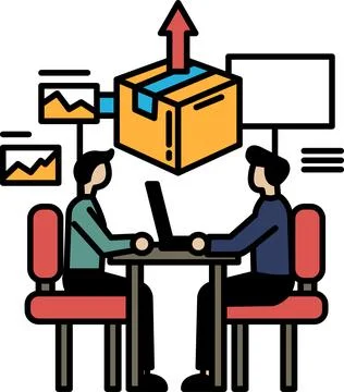 Two men sitting at a table with a box in the middle Illustrazione stock