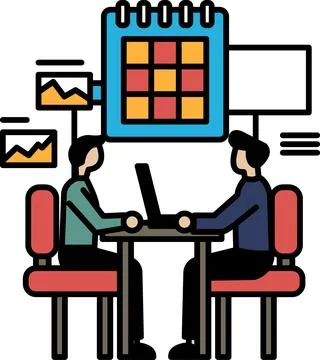 Two men sitting at a table with a calendar behind them 스톡 일러스트