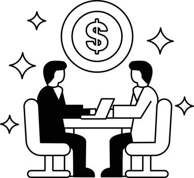Two men sitting at a table with a dollar sign in the middle Stock Illustration