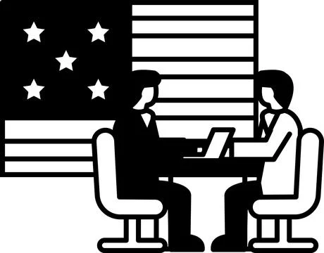 Two men sitting at a table with a flag behind them Stock Illustration
