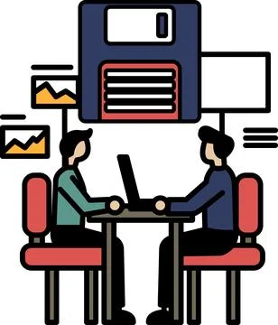Two men sitting at a table with a floppy disc in the background Stock Illustration
