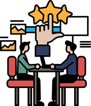 Two men sitting at a table with a hand pointing to a star Stock Illustration