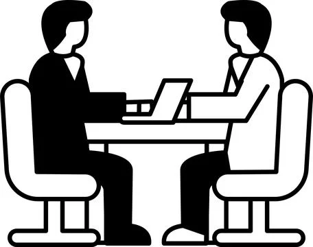 Two men sitting at a table with a laptop in front of them イラスト素材