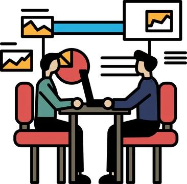 Two men sitting at a table with a laptop in front of them Stockillustratie