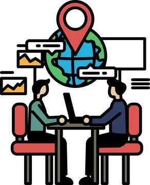 Two men sitting at a table with a laptop in front of them Stock Illustration