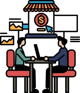 Two men sitting at a table with a laptop in front of them Stock Illustration