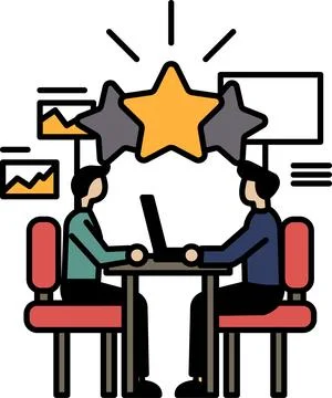 Two men sitting at a table with a laptop in front of them Stockillustratie